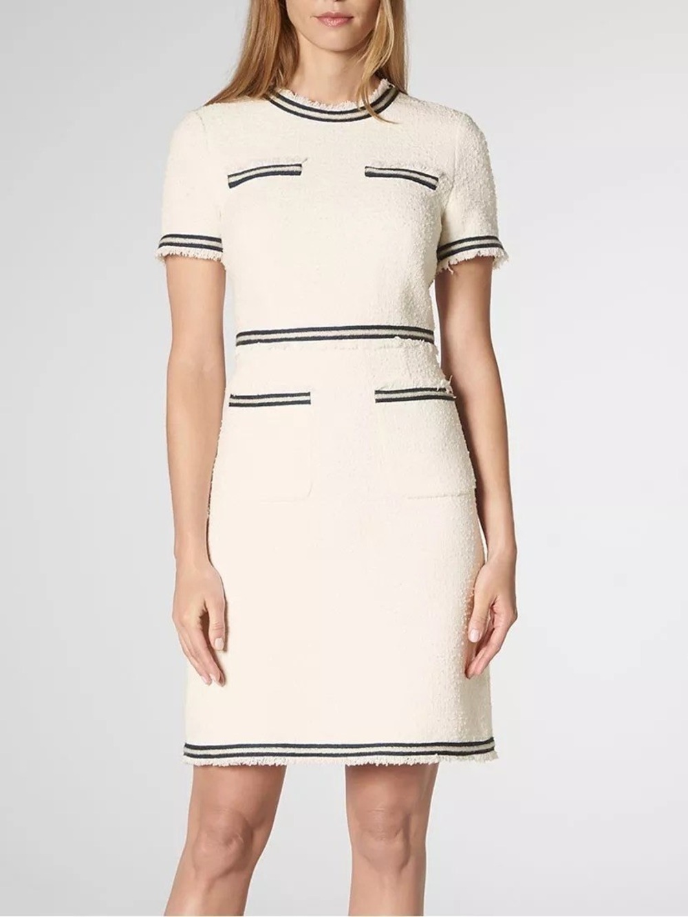 L.K. Bennett Susanna Cream Blue Tweed Fringe Shift Dress